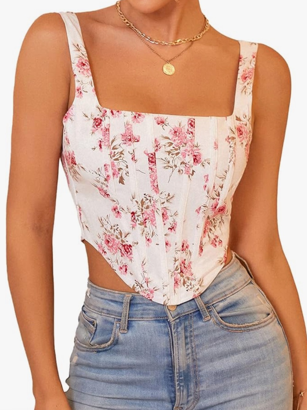 Floral Ivory and Pink Corset Crop Top